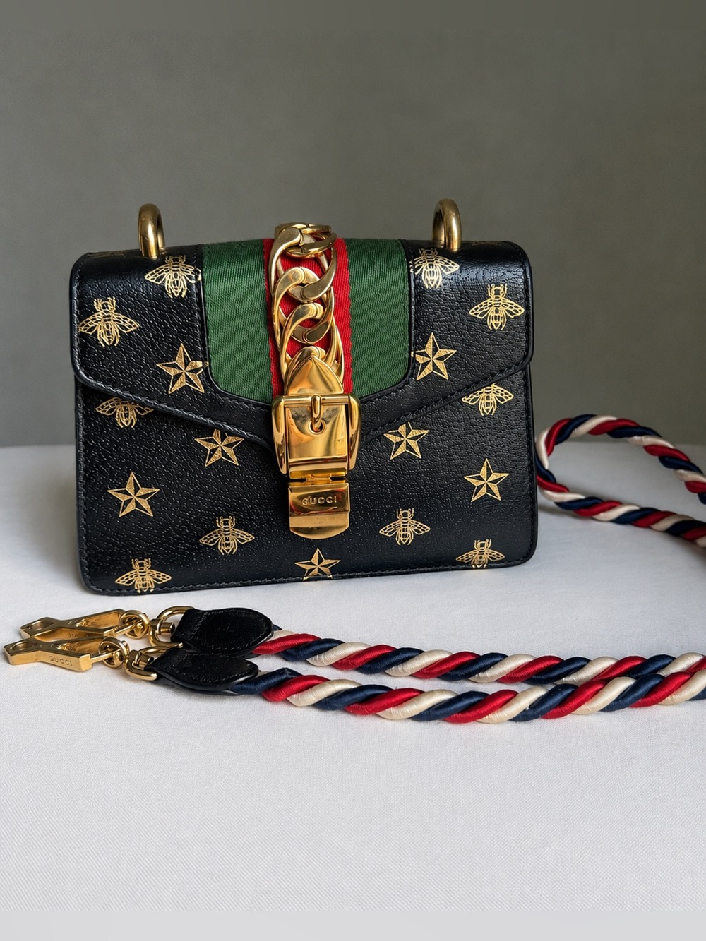 GUCCI Sylvie Mini Bee Star Black Leather Crossbody